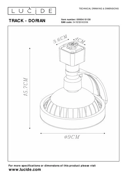 Lucide TRACK DORIAN Railspot - 1-fase Railsysteem / Railverlichting - 1xES111 - Zwart (Uitbreiding) - technisch